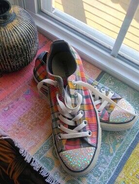 Converse Plaid Low Top Sneakers with Iridescent Rhinestone Toecaps